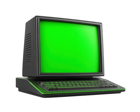 Retro computer with green screen monitor, vintage keyboard, classic design, nostalgic technology, isolated on transparency background, evokes old school computing era