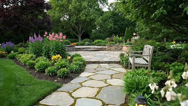 A garden path of irregular stones leads to a stone patio bordered by lush flowerbeds and trees A bench sits at the edge