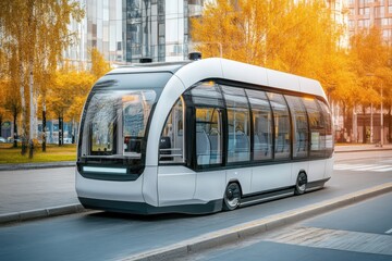 Obraz premium Modern electric tram on city street surrounded by autumn foliage in golden light