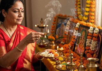 Woman performing puja with diya and flowers near decorated altars