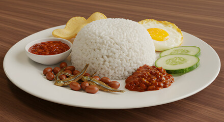 Uduk rice or Indonesian nasi uduk with grilled peanuts, fried-dried anchovies, sambal, slices of cucumber, and sunny side up egg, on top of a white plate and placed on a dark brown wooden table.