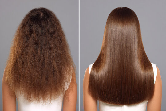 Before and after transformation showcases the effective difference a professional hair treatment can make on frizzy, unruly hair, resulting in smooth and shiny strands