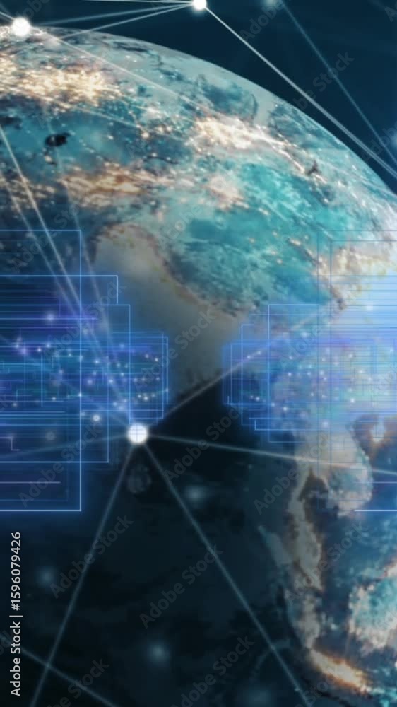 Poster animation of rectangles, numbers and connected icons around globe over abstract background