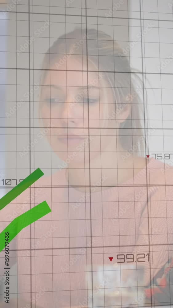 Poster animation of graphs and changing numbers over diverse coworkers sharing ideas in office