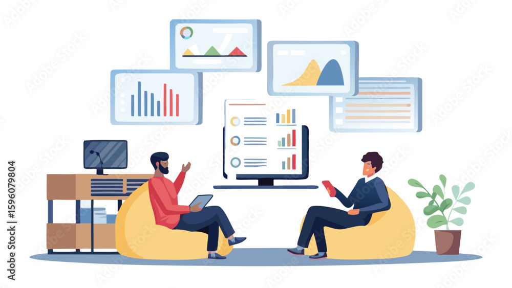 Aufkleber two people discussing data analytics and charts while sitting on beanbag chairs in an office space