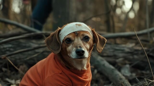 A dog with a bandage on its head. The dog is wearing an orange shirt. The dog is sitting on the ground