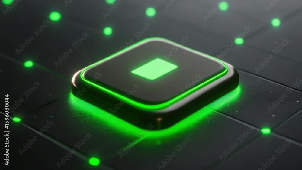 Poster illuminated green button on a dark background with glowing dots creating a modern technology aesthet