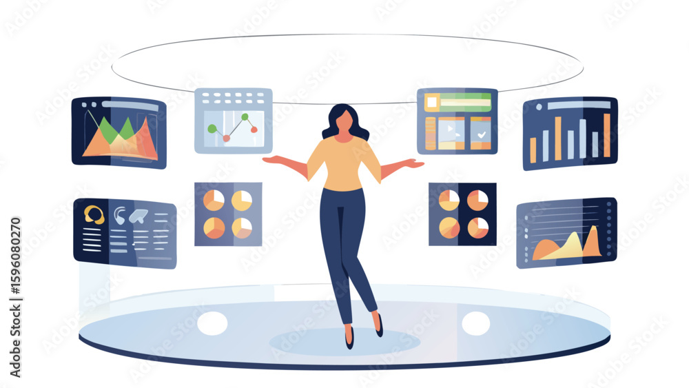 Poster woman presenting data dashboards with charts and graphs in a futuristic virtual environment set up