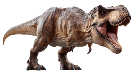 Ancient Tyrannosaurus Rex: A formidable Tyrannosaurus Rex roars in a photorealistic depiction. With its sharp teeth and powerful presence, the apex predator of the prehistoric era commands attention.