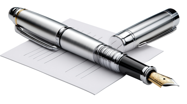 Ink Flow: A detailed shot of a sleek, metallic fountain pen poised over a blank sheet, symbolizing the beginning of written creation and the timeless elegance of correspondence.