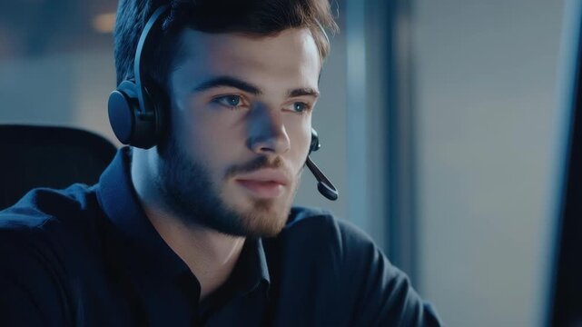 The  depicts a focused man in a professional work environment, possibly engaged in data analysis or team communication. - Powered by Adobe