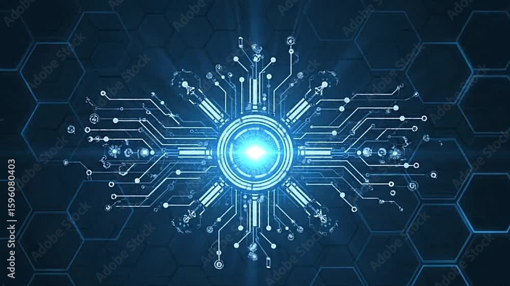 Poster a glowing blue tech design with central circuitry overlaid on a hexagonal grid