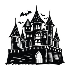 Fototapeta premium Black haunted castle with flying bats gothic spooky