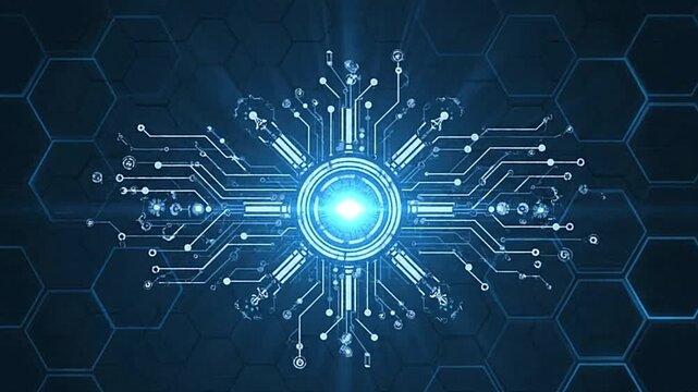 A glowing blue tech design with central circuitry overlaid on a hexagonal grid