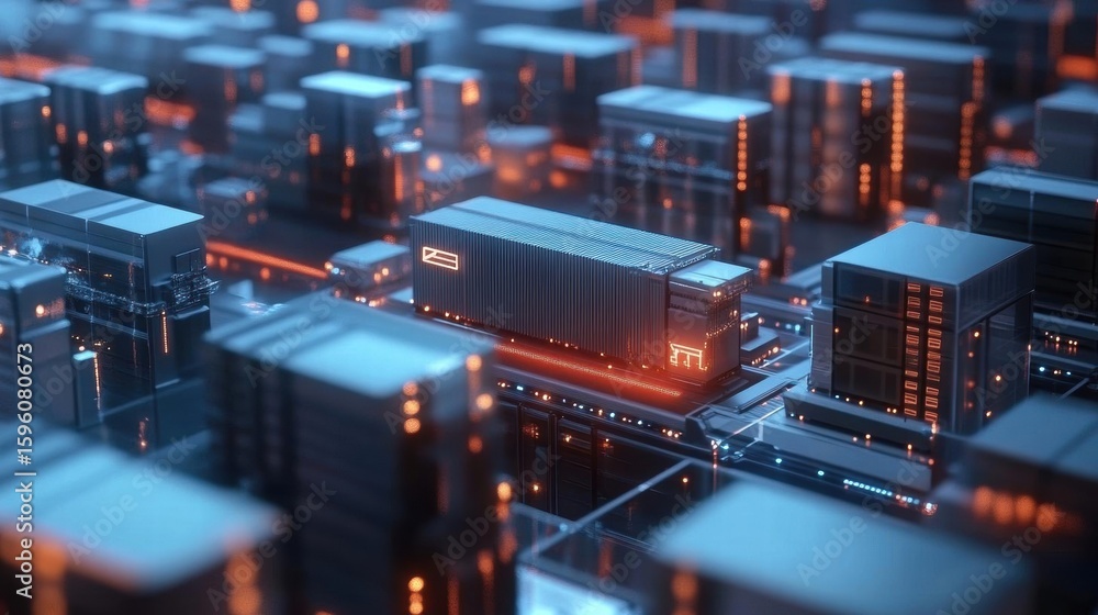 Poster shipping container moves through futuristic city with advanced technology and data center network th