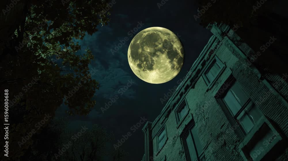 Poster an of a moody cityscape at night under the full moon. the architecture features a brick building, si