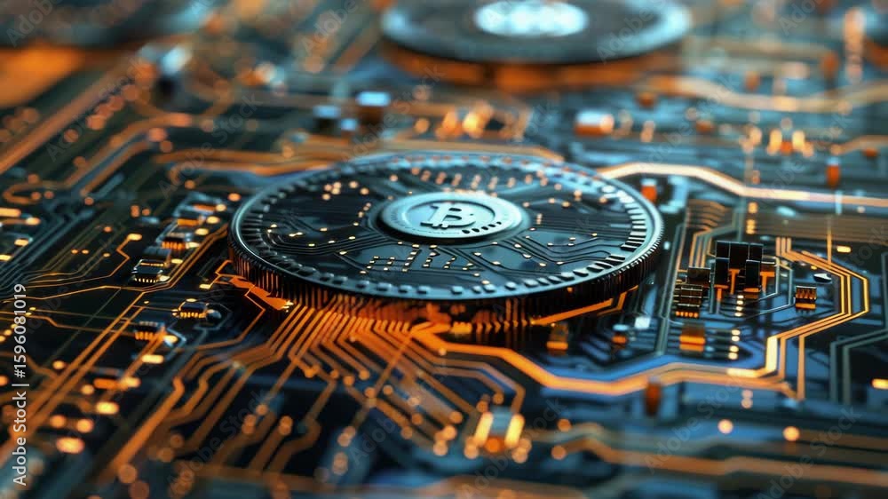 Poster cryptocurrency mining hardware with gold coins symbolizing wealth and security