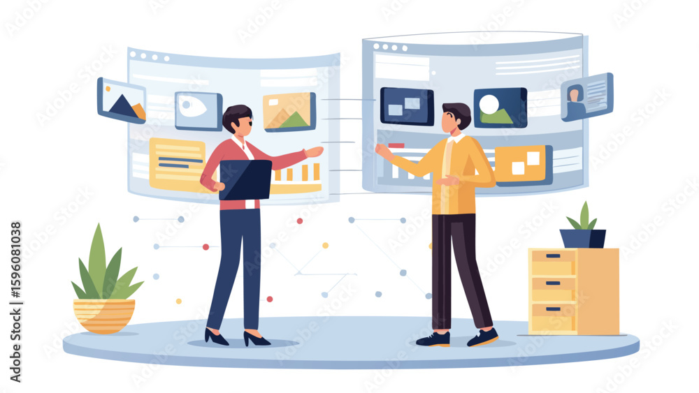 Aufkleber two people discussing data visualization on screens in a modern office environment setting clearly