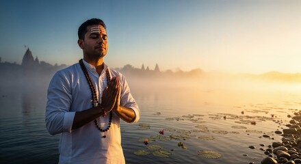 Man in white shirt meditating by water with misty background light