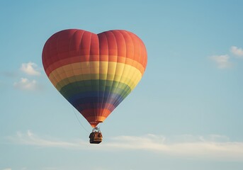 Fototapeta premium Heart-shaped rainbow hot air balloon clipart drifting in a soft blue sky—perfect for romantic or whimsical themes.