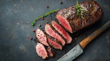 Sliced Traditional Barbecue Aged Venison Backstrap Roast on a Large Knife with Fresh Herbs and Rustic Background
