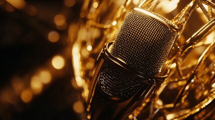 Stunning Golden Condenser Microphone in a Professional Studio Recording Setting