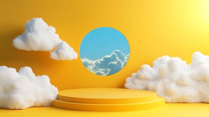 Vibrant abstract 3D geometric scene featuring sunny yellow backdrop with white fluffy clouds and bold blue circular center