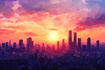 Cityscape Embraces Sunset Glow with Polygonal Art Style, Urban Sunset Scenery.