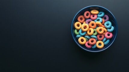 Vibrant bowl of colorful cereal rings arranged on dark background highlighting fresh breakfast textures