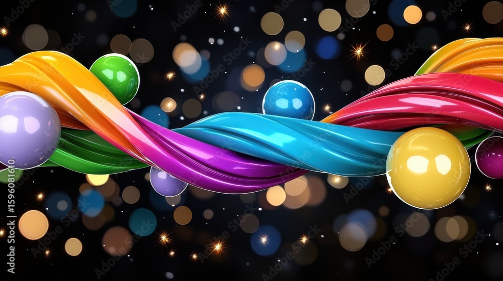 Fototapete abstract colorful twisted ribbons and glossy spheres on dark bokeh background