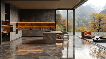 Exquisite modern kitchen seamlessly integrates with stunning lake and mountain view