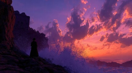 Pixelated Sunset Over Waves And Mountains