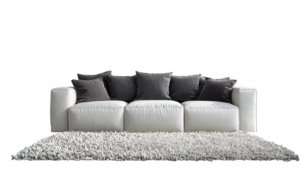 White couch with plant and table on grey rug background image