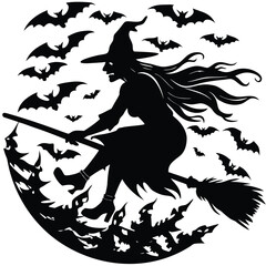 Fototapeta premium Black witch flying on broomstick with bats silhouette