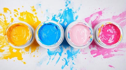 Vibrant Symmetrical Banner Featuring Four Open Paint Cans and Brushes in Bright Color Harmony