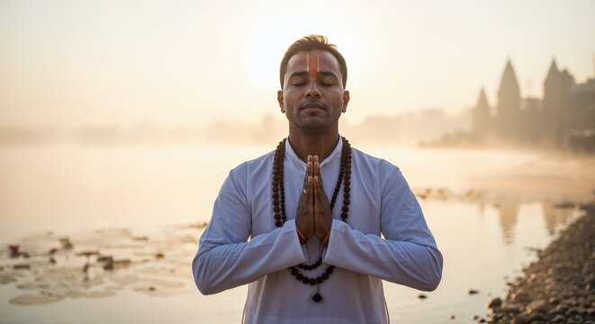 Man in white shirt meditating by river at sunrise with hands together