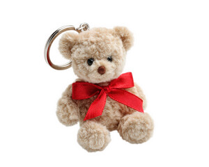 Plush teddy bear keychain with red ribbon bow, soft brown fur, cute expression, isolated on transparency background, perfect for gift or accessory lovers