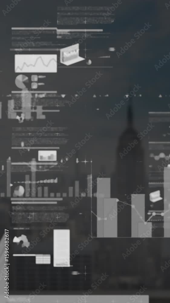Poster animation of interface with statistical data processing against aerial view of cityscape