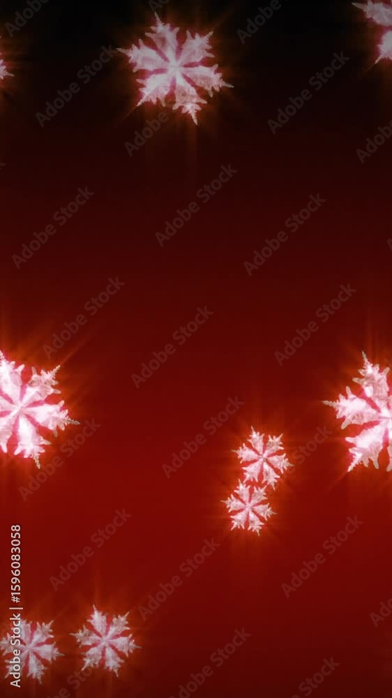Poster animation of glowing snowflakes falling against red background with copy space