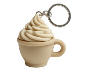 Coffee cup keychain with whipped topping, beige color, plastic material, isolated on transparency background, cute and playful accessory for bag or keys
