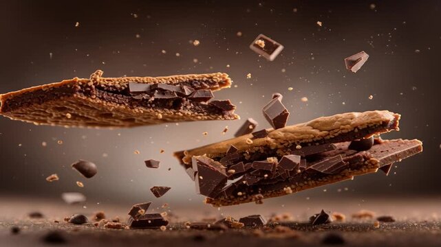 ultra-close macro shot of ONE super thin chocolate brownie crisp and chocolate chips on top of it snapping in half horizontally in mid-air two delicate shards and square shaped snapped in half with
