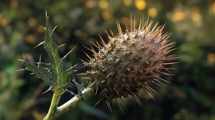Spiky Seed Pod Grows on Stem with Thorns in Nature's Garden