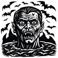 Grotesque vampire emerging from dark water surrounded by bats