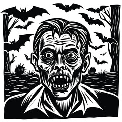 Grotesque zombie face with bats and trees head monster