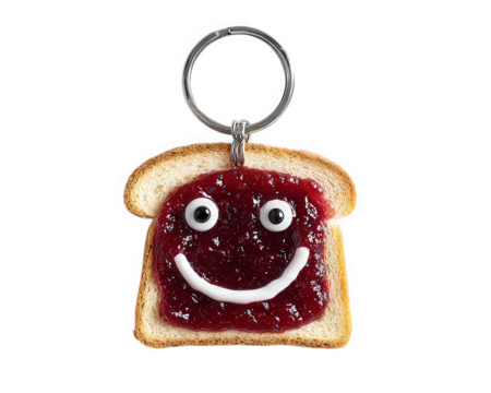 Toast keychain with jam smiley face, playful breakfast accessory, isolated on transparency background, cute food charm, fun gift idea, low resolution image
