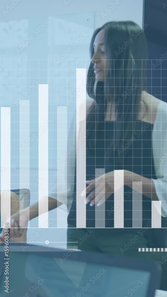 Poster animation of statistical data processing against woman giving a presentation at office