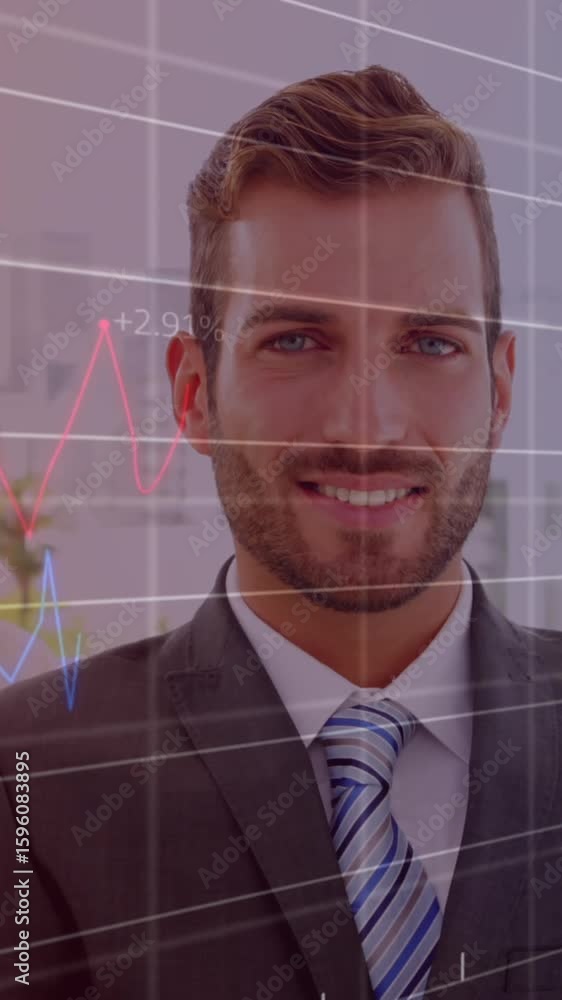 Poster animation of statistical data processing over portrait of diverse businesspeople smiling at office