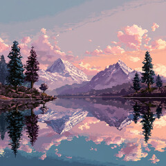 sunrise over the lake and the mountains