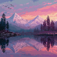 sunset in the mountains lake