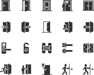 Vector set of door flat icons. Contains icons entrance, exit, open door, doorbell, knock, door handle, door hinge, emergency exit and more. Pixel perfect.